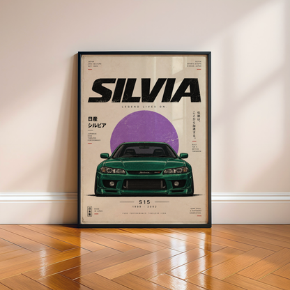 Green JDM Drift Car Poster, Japanese Sports Coupe Wall Art, 90s Tuner Print, Minimalist Retro Motorsport Garage Decor
