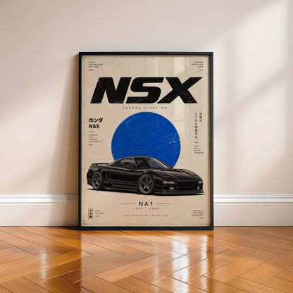 Minimalist Japanese Supercar Poster, 90s JDM Wall Art, Black Sports Car Print, Retro Performance Car Illustration, Garage Decor