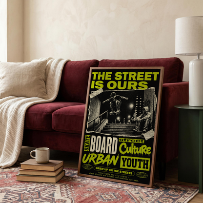 Street Skateboarding Poster, Urban Skateboard Wall Art, Retro City Print, Skate Culture Decor, Grunge Street Art, Skate Room Poster
