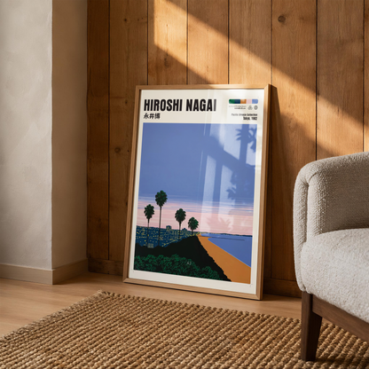 Hiroshi Nagai Pacific Breeze Poster, Japanese Coastal Sunset, Palm Trees and Beach, Retro Summer Wall Art, City Pop Decor