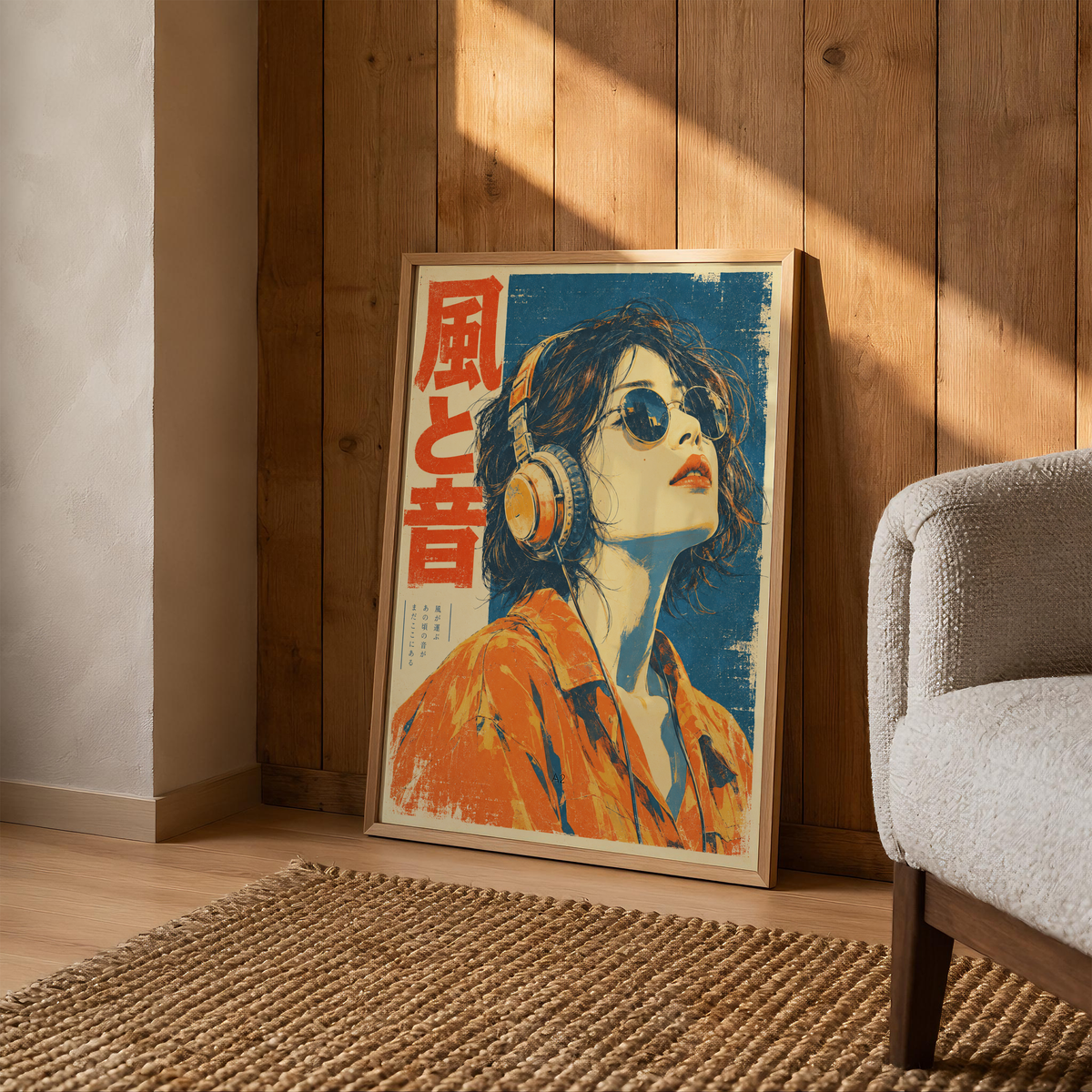 Japanese Headphone Woman Poster, Round Sunglasses and Orange Shirt, Blue and Orange Retro Music Wall Art
