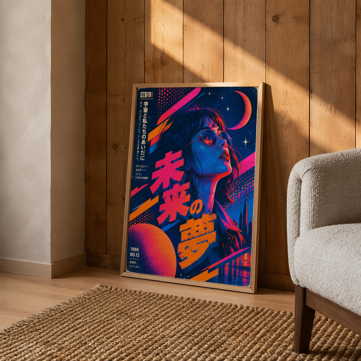 Retro Futuristic Tokyo Poster, Japanese Pop Art Woman with Neon City and Crescent Moon