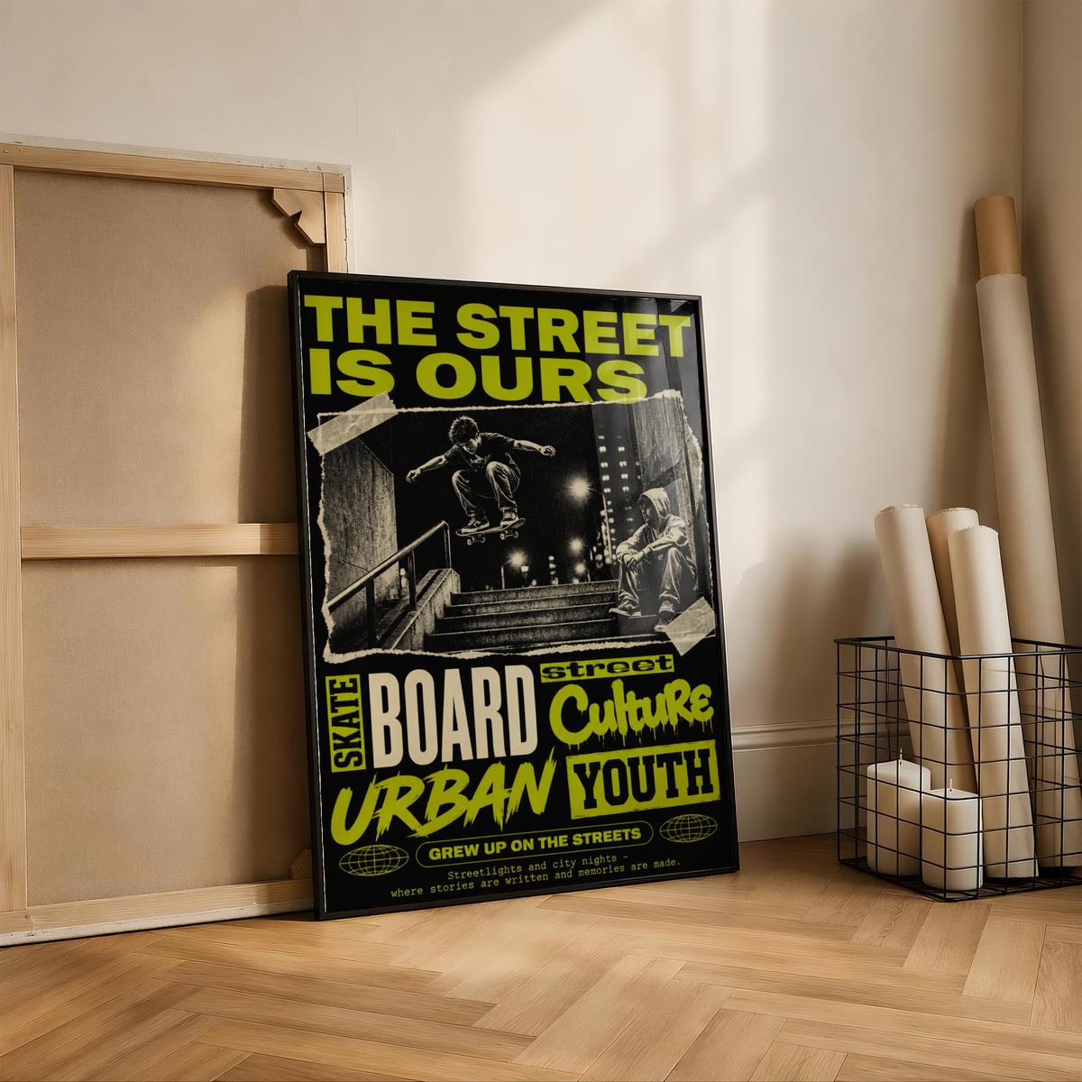 Street Skateboarding Poster, Urban Skateboard Wall Art, Retro City Print, Skate Culture Decor, Grunge Street Art, Skate Room Poster