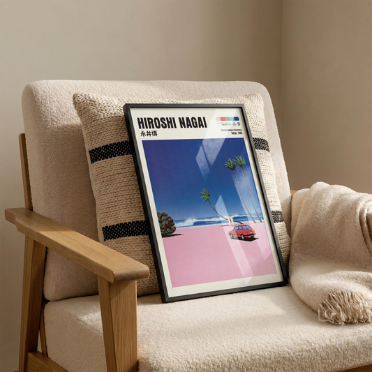 Hiroshi Nagai Pacific Breeze Poster, Vintage Surf Car Art, Japanese Beach Print, Retro Ocean Wall Decor, City Pop Summer Artwork