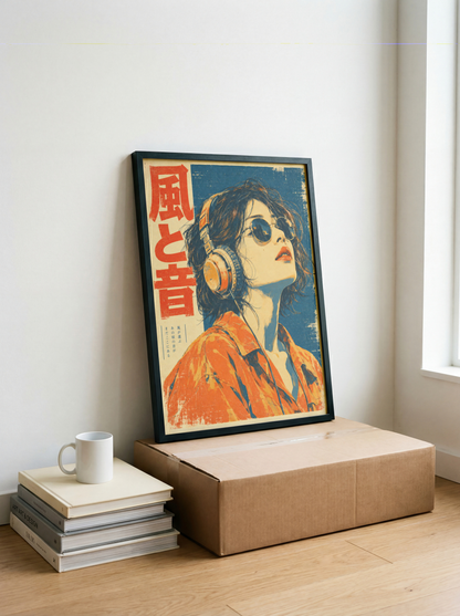 Japanese Headphone Woman Poster, Round Sunglasses and Orange Shirt, Blue and Orange Retro Music Wall Art
