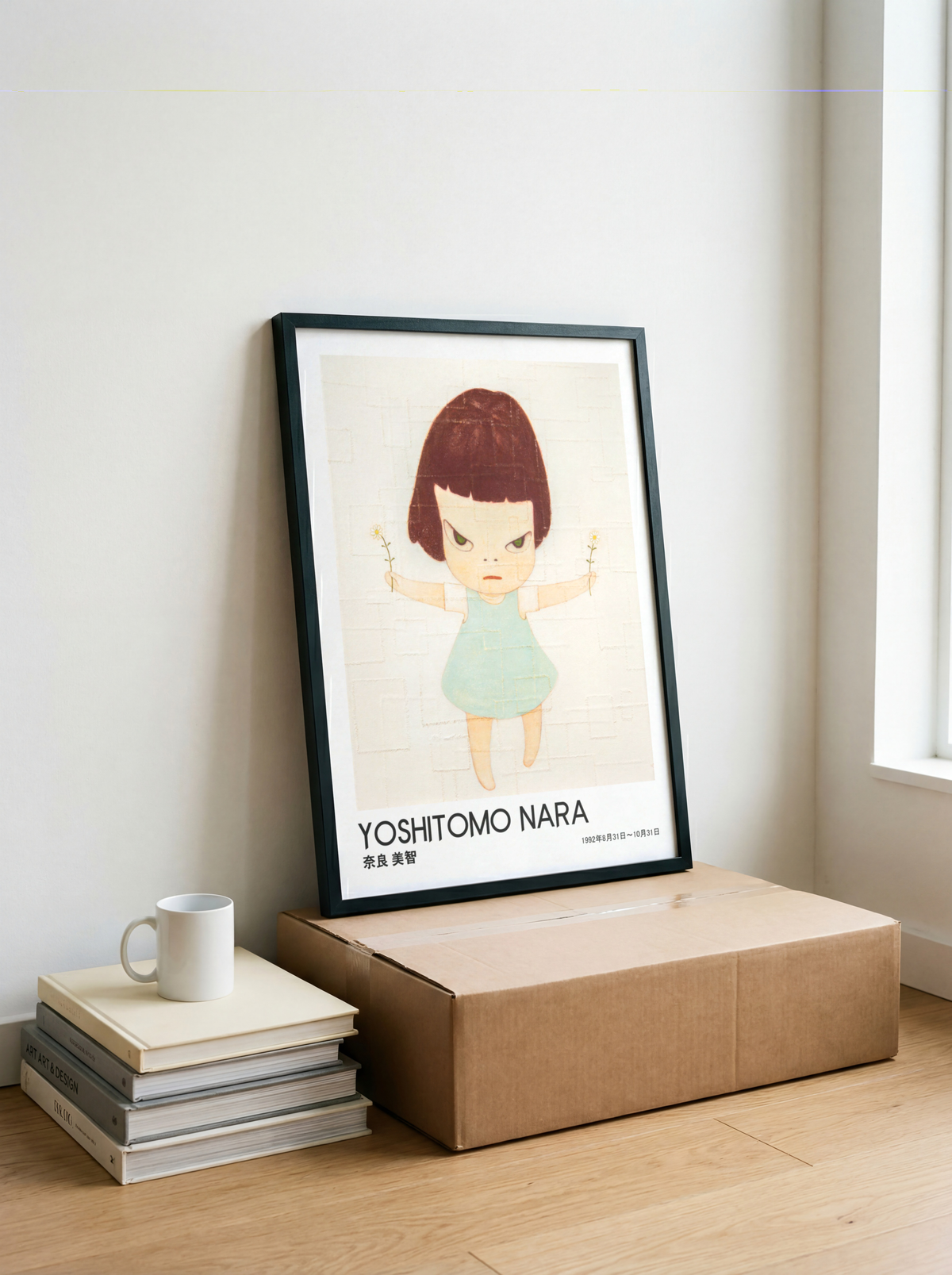 Yoshitomo Nara Girl Holding Flowers Poster, Japanese Contemporary Art Print, Blue Dress Wall Decor, Minimalist Artwork