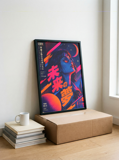 Retro Futuristic Tokyo Poster, Japanese Pop Art Woman with Neon City and Crescent Moon
