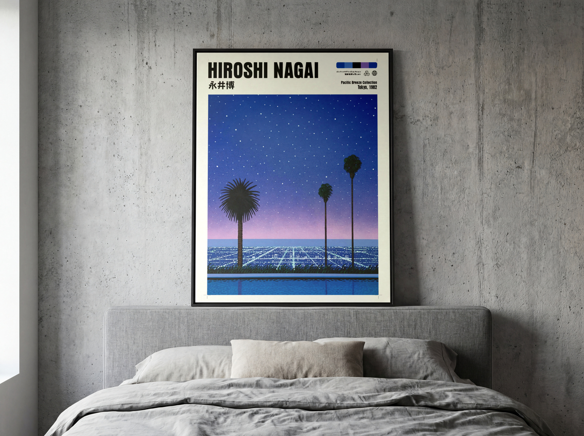 Hiroshi Nagai Pacific Breeze Poster, Starry Ocean Night, Palm Trees and Pool, Japanese Retro Summer Wall Art, City Pop Decor