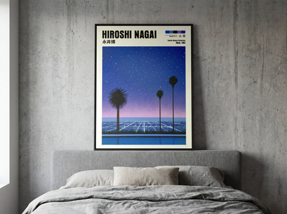 Hiroshi Nagai Pacific Breeze Poster, Starry Ocean Night, Palm Trees and Pool, Japanese Retro Summer Wall Art, City Pop Decor
