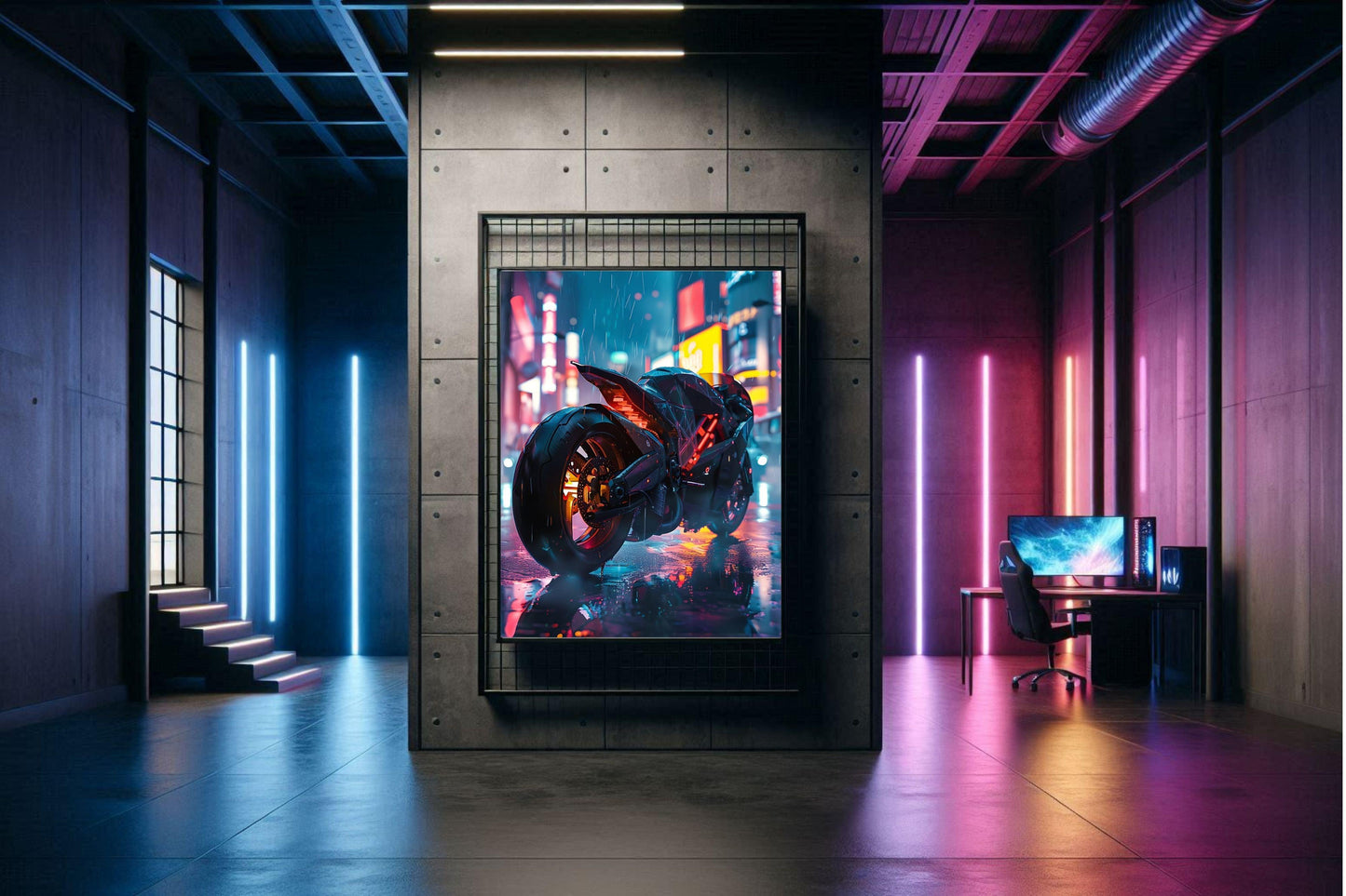 🏍️🏁🔧 Moto Cyberpunk Série futuriste #️⃣2  - (Affiche encadrée métal) - Aura Studio Déco