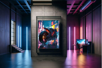 🏍️🏁🔧 Moto Cyberpunk Série futuriste #️⃣2  - (Affiche encadrée métal) - Aura Studio Déco