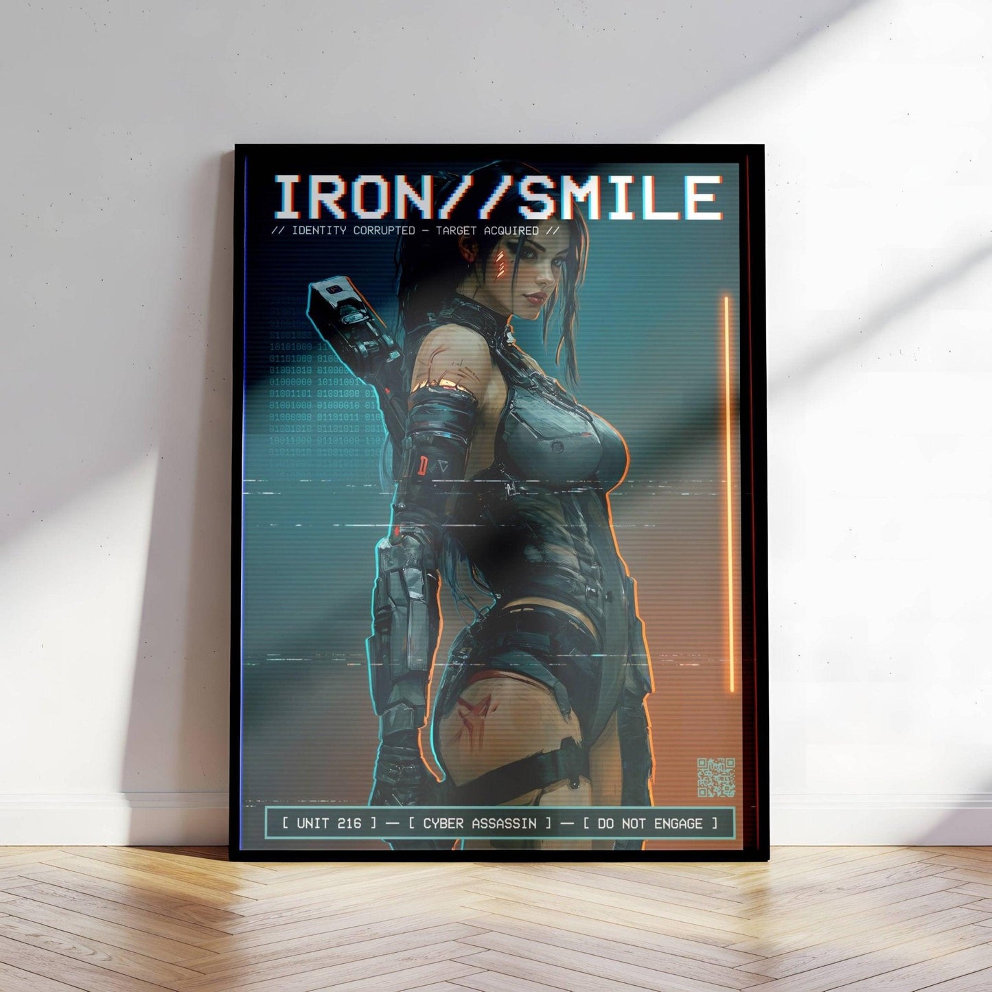 ☣️🧬 Série limitée Art Cyberpunk - Poster Cybergirl Iron Smile Neon - Aura Studio Déco