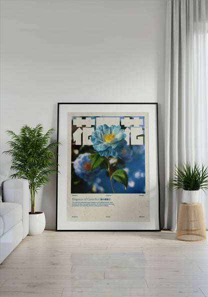 Camélia Bleue Vintage – Affiche murale japonaise élégante