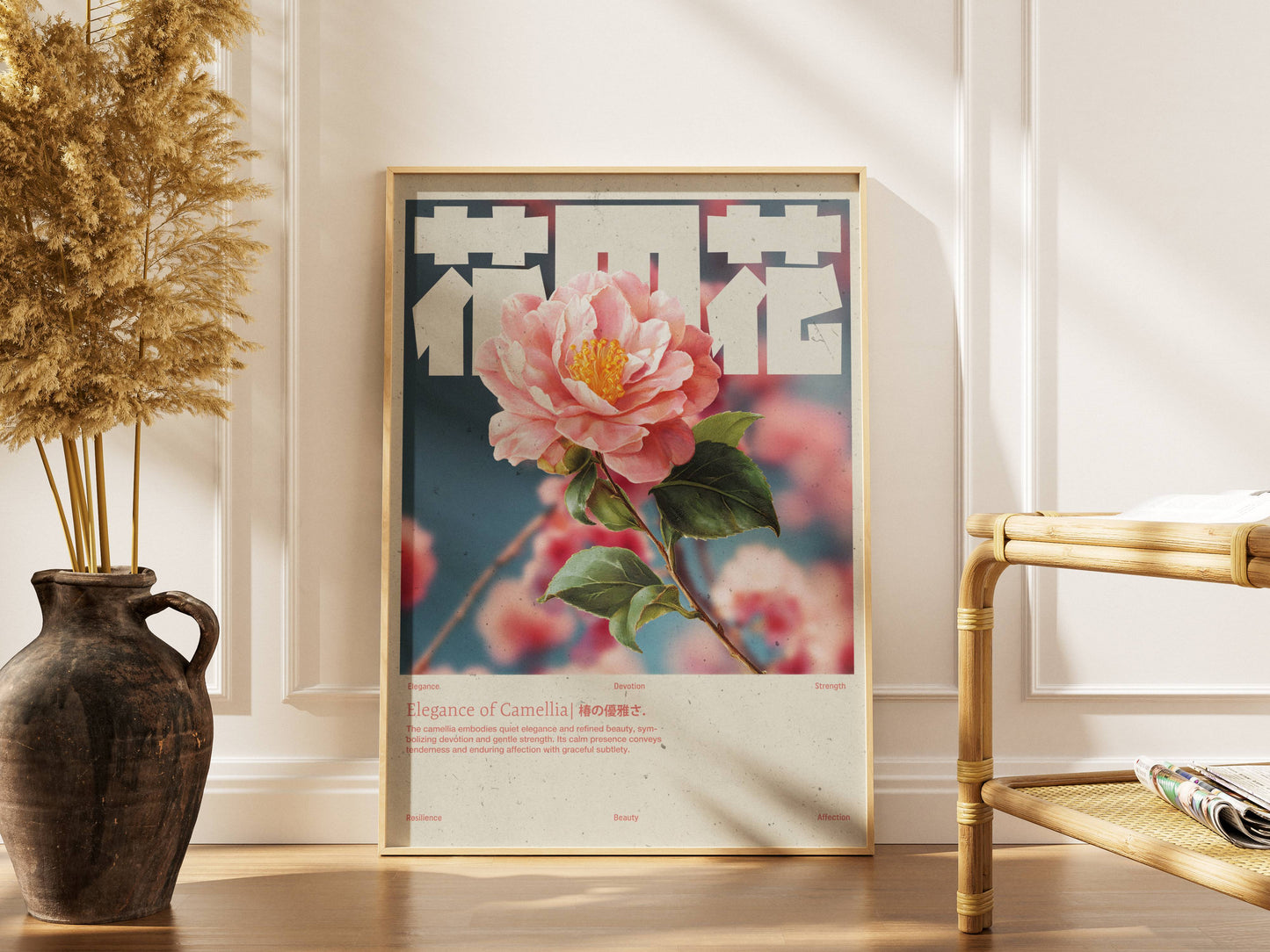 Camélia Rose Vintage – Affiche murale japonaise élégante