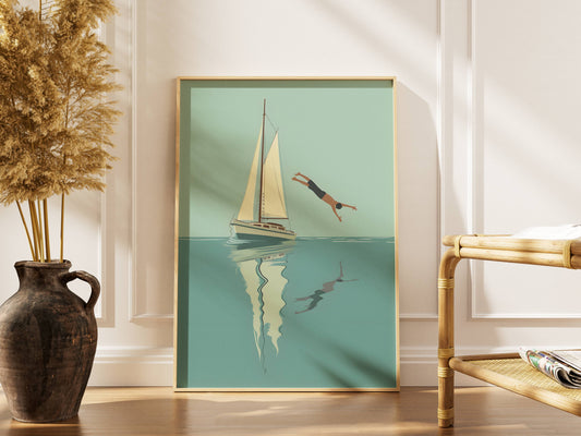 Affiche Voilier Vintage Minimaliste – Poster Mer Calme & Summer Sailing Style Rétro