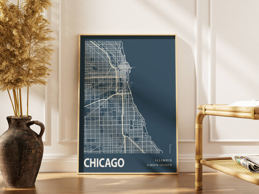 Affiche Blueprint City Map Vintage Chicago – Poster Carte Urbaine Minimaliste sur Papier Mat