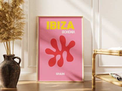 Ibiza Bohemia Poster Pink Wall Art, Ibiza Print, Boho Summer Decor, Framed or Unframed Coastal Artwork