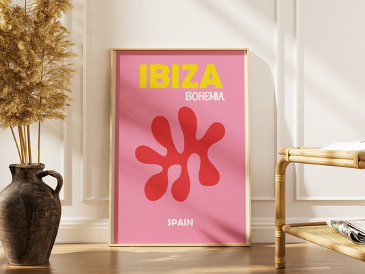 Ibiza Bohemia Poster Pink Wall Art, Ibiza Print, Boho Summer Decor, Framed or Unframed Coastal Artwork