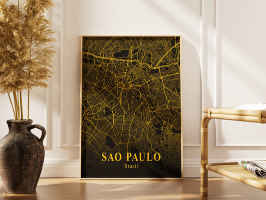 Vintage Gold City Map Poster – Sao Paulo Brazil Street Map Print, Black & Gold Wall Art, Boho Modern Home Decor