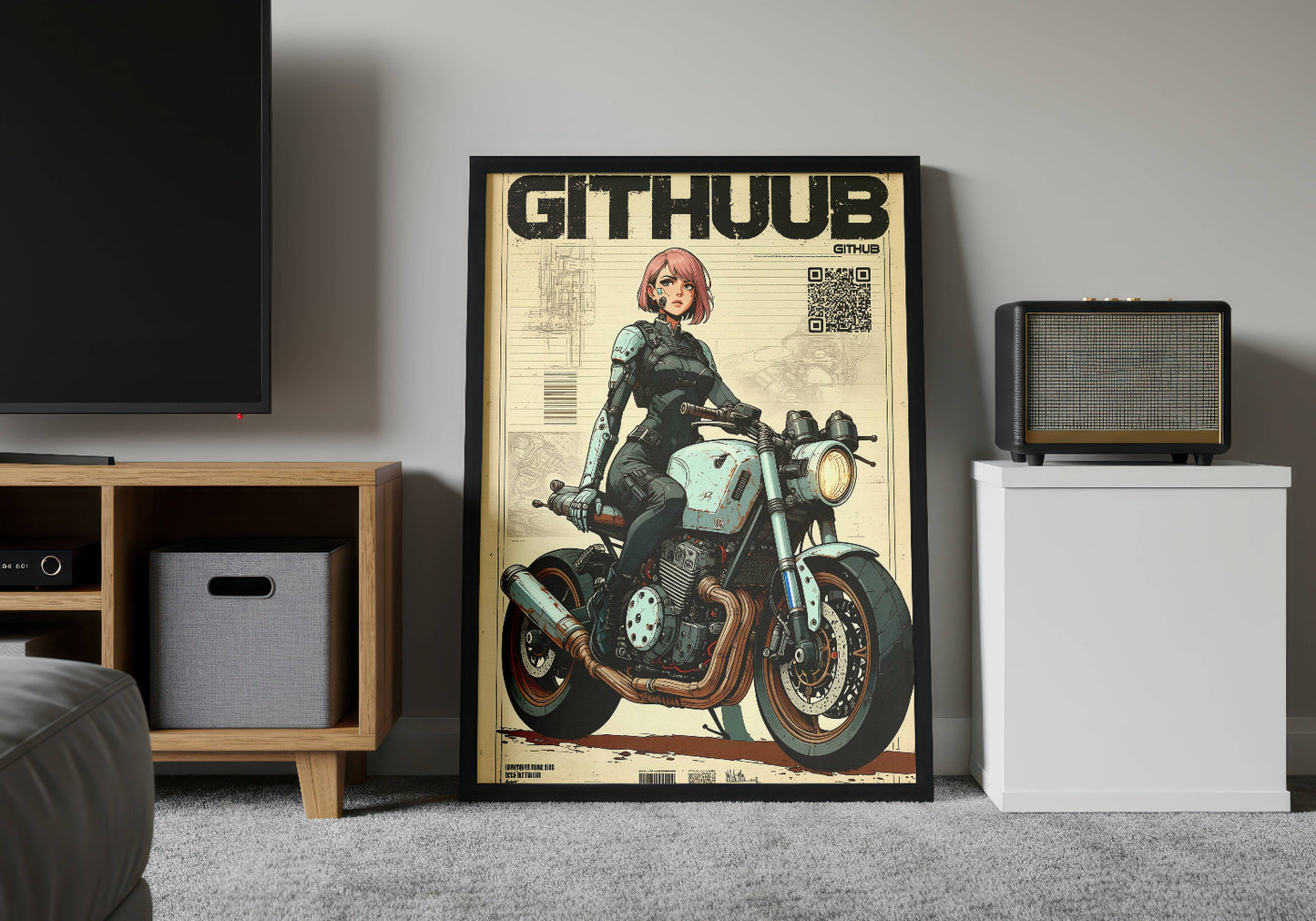 Affiche cyberpunk motarde #2 – illustration néon futuriste