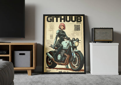 Affiche cyberpunk motarde #2 – illustration néon futuriste