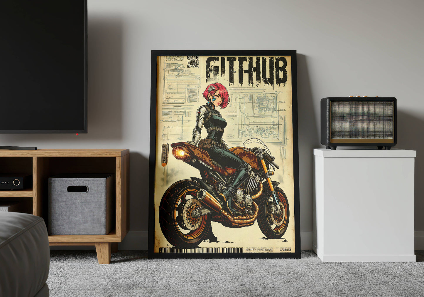 Affiche cyberpunk motarde #5 – illustration futuriste moto