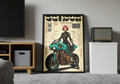 Affiche cyberpunk motarde #4 – art digital cyberpunk