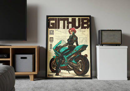 Motarde dans un univers cyberpunk futuriste, fusionnant technologie avancée et style urbain moderne