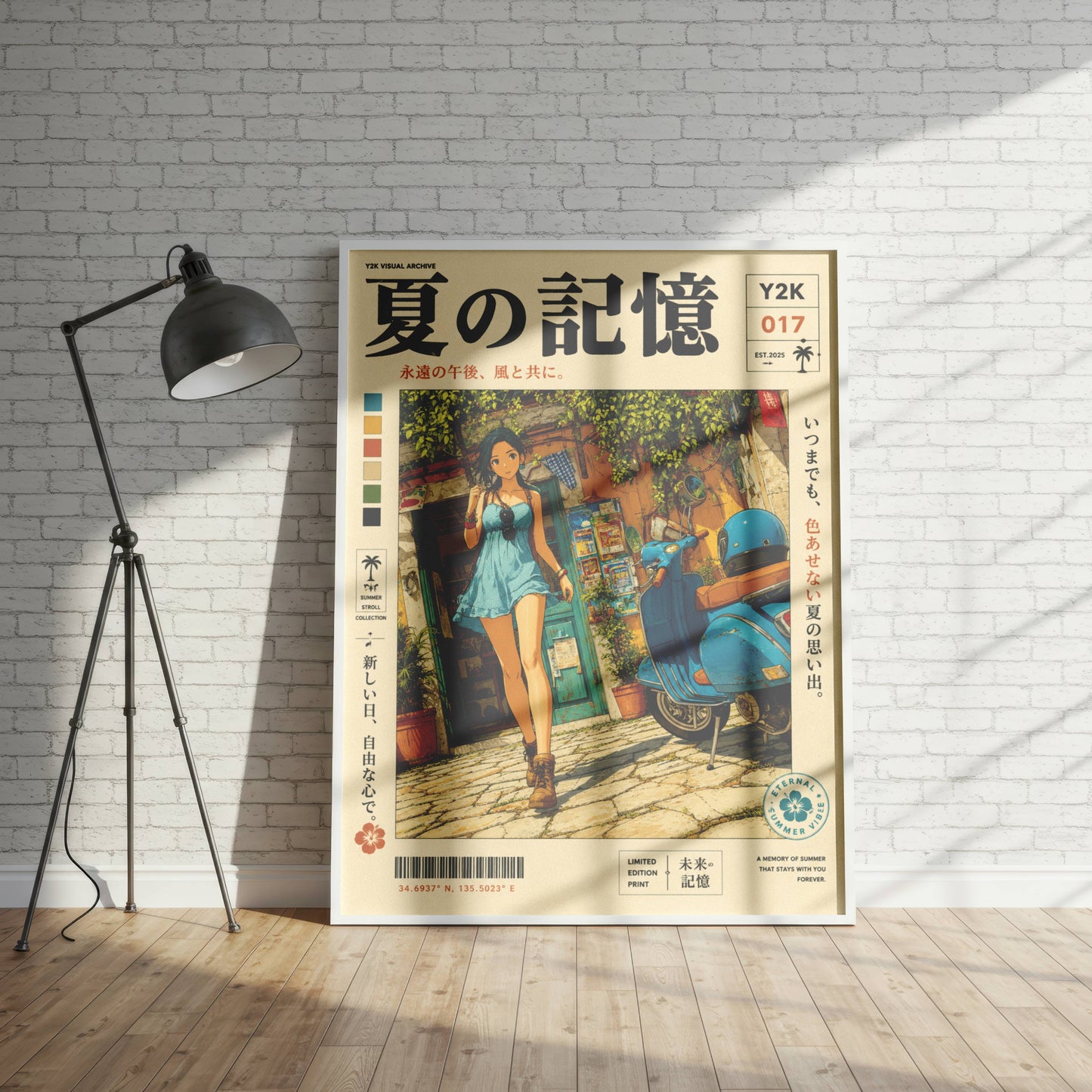 Mediterranean Summer Stroll – Y2K Scooter Girl Poster, Vintage Coastal Village, Anime Aesthetic Wall Art