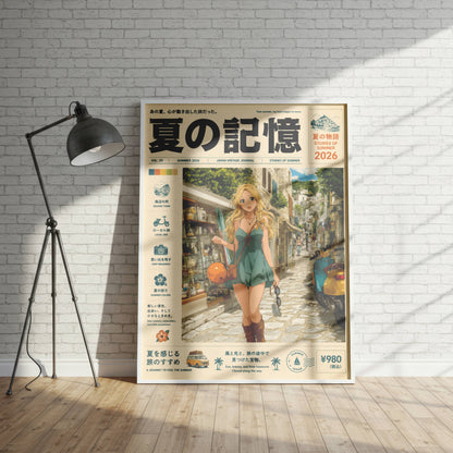Golden Hour Stroll – Y2K Mediterranean Summer Poster, Blonde Girl in Coastal Village, Vintage Holiday Magazine Cover Art
