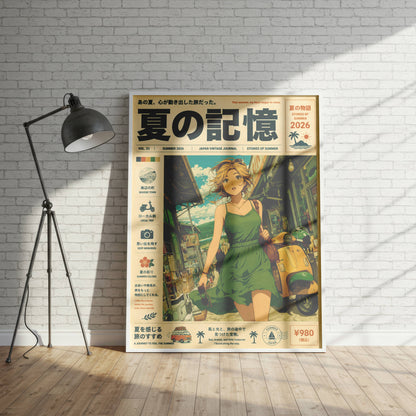 Emerald Summer Runaway – Y2K Coastal Poster, Green Dress Girl & Yellow Vespa, Mediterranean Village Wall Art