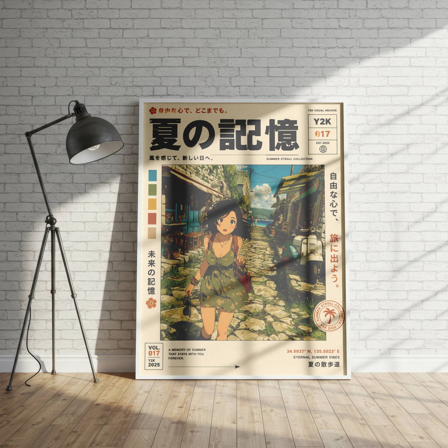 Sunlit Village Dreams – Y2K Summer Girl Poster, Mediterranean Alleyway, Coastal Escape, Retro Anime Wall Art