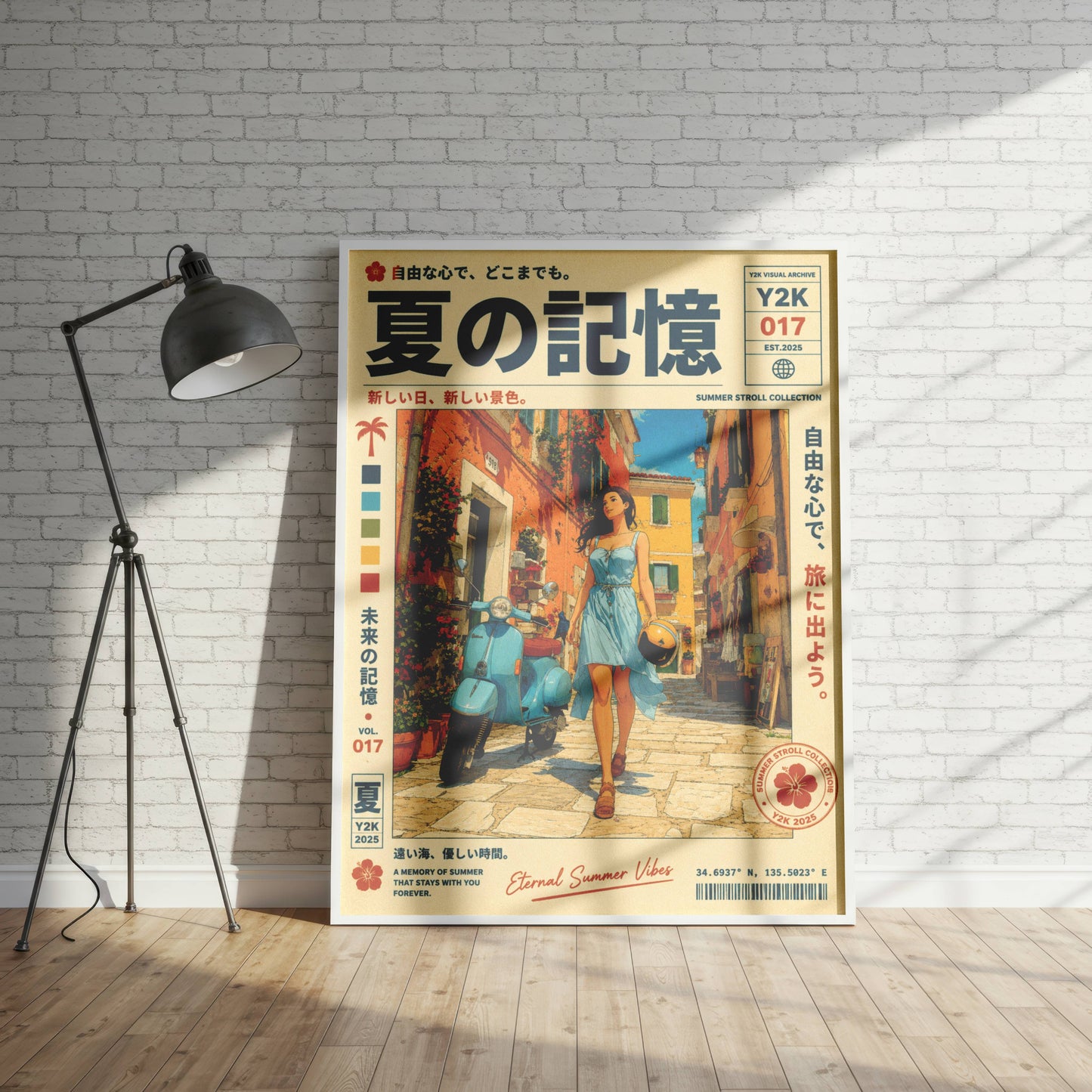 Sunlit Vespa Boulevard – Y2K Mediterranean Summer Poster, Blue Scooter Girl, Coastal Village Wanderlust, Vintage Travel Art