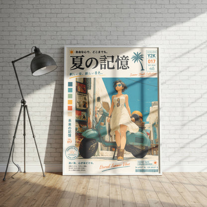 White Dress, Blue Horizons – Y2K Mediterranean Summer Poster, Vintage Scooter Aesthetic, Seaside Escape Wall Art, Coastal Dreamscape