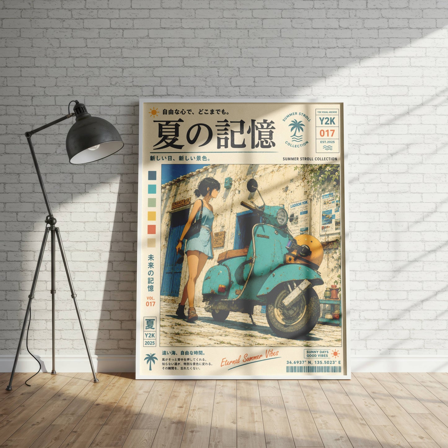 Blue Vespa Afternoon – Y2K Summer Memories Poster, Mediterranean Scooter Girl, Vintage Coastal Street Scene, Retro Travel Print