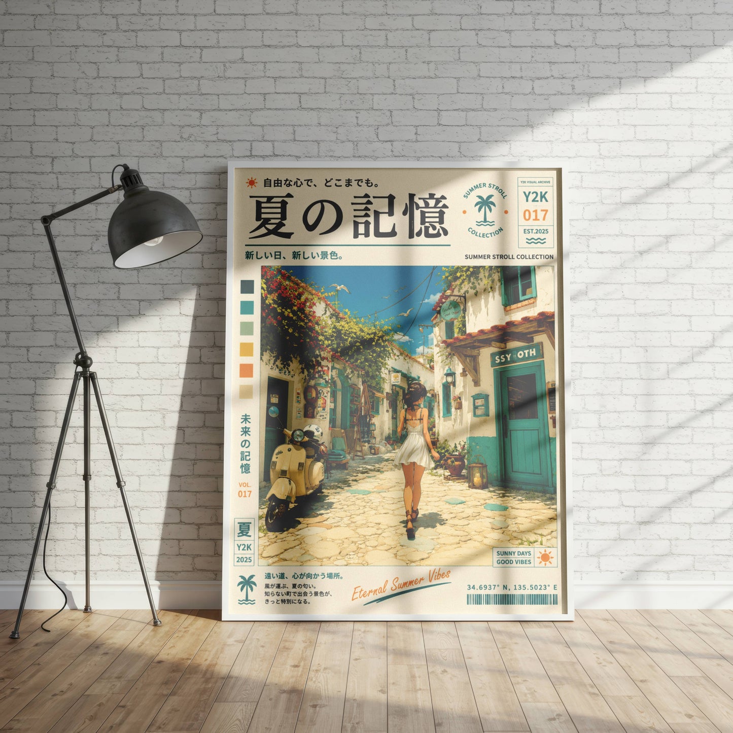 Mediterranean White Streets – Y2K Summer Girl Poster, Sunlit Coastal Village, Vintage Holiday Aesthetic, Seaside Wanderlust Print