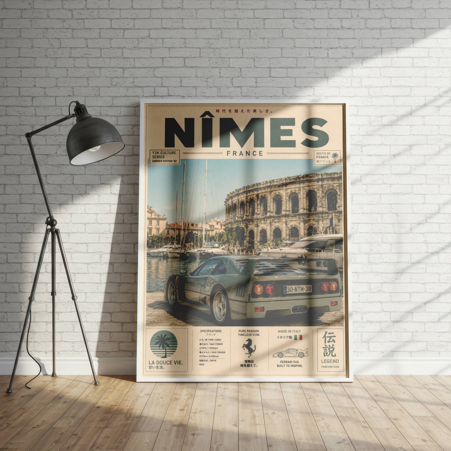 Ferrari F40 Nîmes Vintage Travel Poster – Affiche Automobile Rétro France & Supercar Iconique