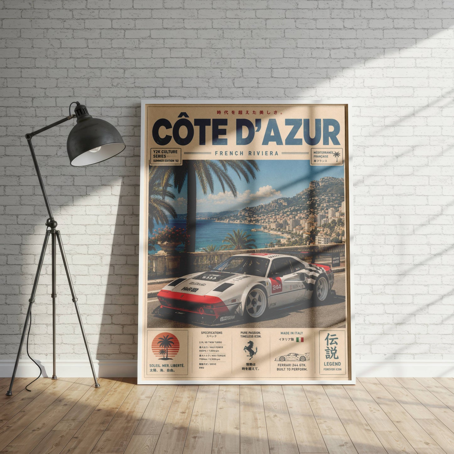 Ferrari 244 GTK Côte d’Azur Poster Vintage – Affiche Riviera Française & Voiture de Collection