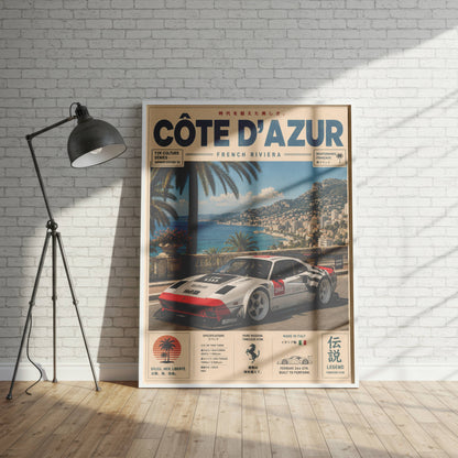 Ferrari 244 GTK Côte d’Azur Poster Vintage – Affiche Riviera Française & Voiture de Collection