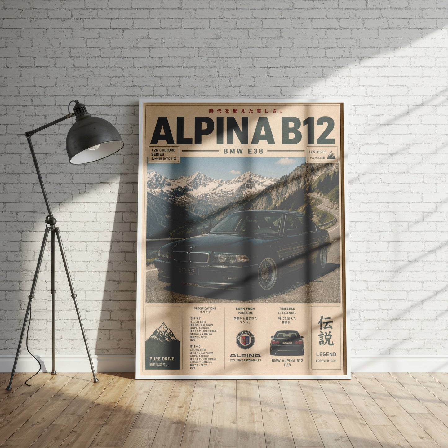 BMW Alpina B12 E38 Mountain Pass Poster – Affiche Automobile Vintage Alpes & Youngtimer de Prestige