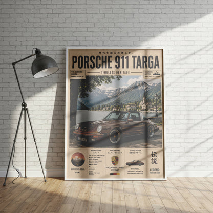 Porsche 911 Targa Alpine Escape Poster – Affiche Vintage Automobile Classique & Paysages de Montagne