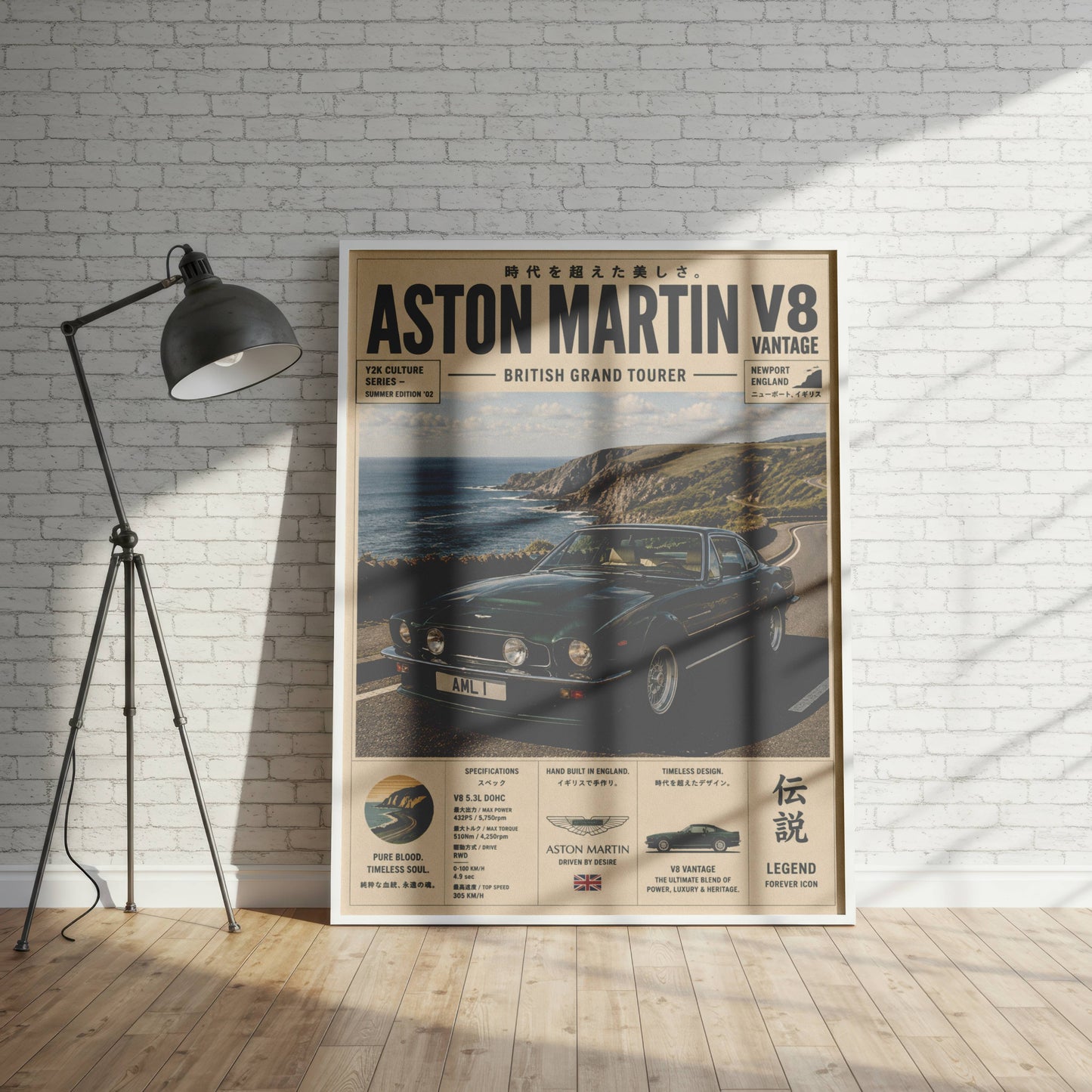 Aston Martin V8 Vantage Coastal Drive Poster – Affiche Automobile Vintage British GT & Road Trip