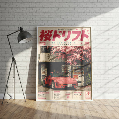 Porsche 944 Sakura Drift Poster Vintage – Affiche JDM Japonaise Rétro Y2K