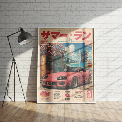 Toyota Supra MK4 Summer Run Poster – Affiche JDM Japonaise Vintage Rose Y2K