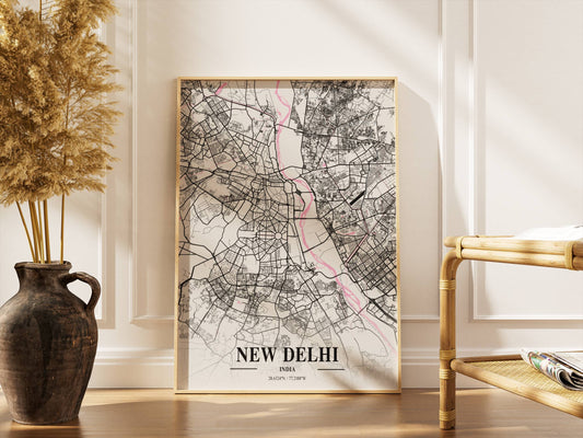 Affiche Carte Ville Minimaliste New Dheli India Napolitain – Poster Urbain Moderne Rose & Noir | Décoration Murale Papier Mat