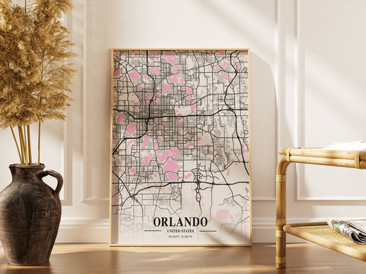 Affiche Carte Ville Minimaliste Orlando USA Napolitain – Poster Urbain Moderne Rose & Noir | Décoration Murale Papier Mat
