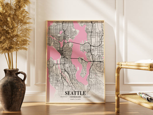 Affiche Carte Ville Minimaliste Seattle USA Napolitain – Poster Urbain Moderne Rose & Noir | Décoration Murale Papier Mat