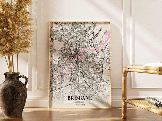Affiche Carte Ville Minimaliste Brisbane Australia Napolitain – Poster Urbain Moderne Rose & Noir | Décoration Murale Papier Mat