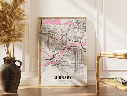 Affiche Carte Ville Minimaliste Burnaby Canada Napolitain – Poster Urbain Moderne Rose & Noir | Décoration Murale Papier Mat