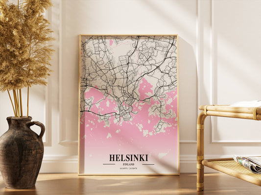 Affiche Carte Ville Minimaliste Helsinki Finland Napolitain – Poster Urbain Moderne Rose & Noir | Décoration Murale Papier Mat